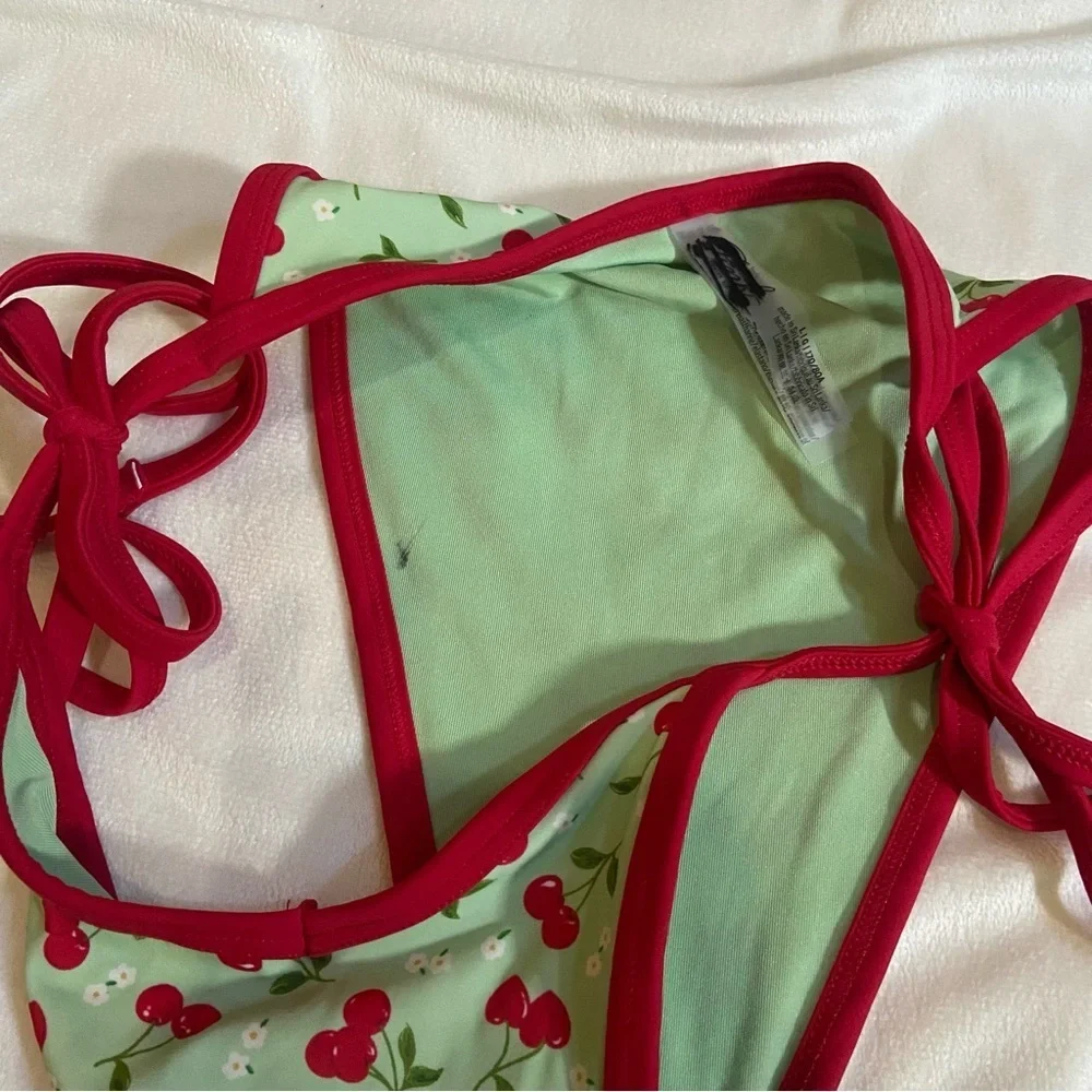 New! Frankie’s Bikinis x Pink Cherry Print Bikini Bottom green 1546